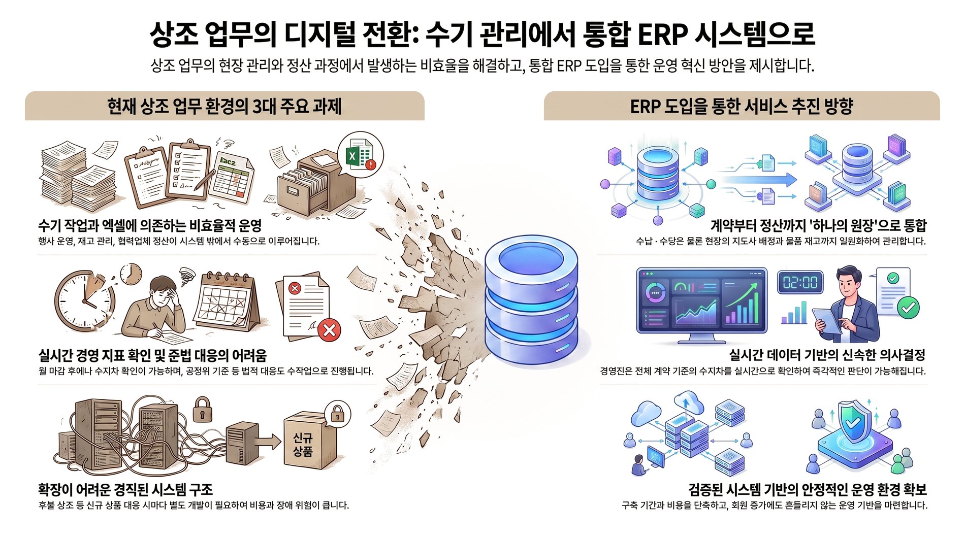 상조 업무의 디지털 전환 : 수기 관리에서 통합 ERP 시스템으로. [현재 상조 업무 환경의 3대 주요 과제] ① 수기 작업과 엑셀에 의존하는 비효율적 운영 — 행사 운영, 재고 관리, 협력업체 정산이 시스템 밖에서 수동으로 이루어집니다. ② 실시간 경영 지표 확인 및 준법 대응의 어려움 — 월 마감 후에나 수지차 확인이 가능하며, 공정위 기준 등 법적 대응도 수작업으로 진행됩니다. ③ 확장이 어려운 경직된 시스템 구조 — 후불 상조 등 신규 상품 대응 시마다 별도 개발이 필요하여 비용과 장애 위험이 큽니다. [ERP 도입을 통한 서비스 추진 방향] ① 계약부터 정산까지 하나의 원장으로 통합 — 수납 · 수당은 물론 현장의 지도사 배정과 물품 재고까지 일원화하여 관리합니다. ② 실시간 데이터 기반의 신속한 의사결정 — 경영진은 전체 계약 기준의 수지차를 실시간으로 확인하여 즉각적인 판단이 가능해집니다. ③ 검증된 시스템 기반의 안정적인 운영 환경 확보 — 구축 기간과 비용을 단축하고, 회원 증가에도 흔들리지 않는 운영 기반을 마련합니다.